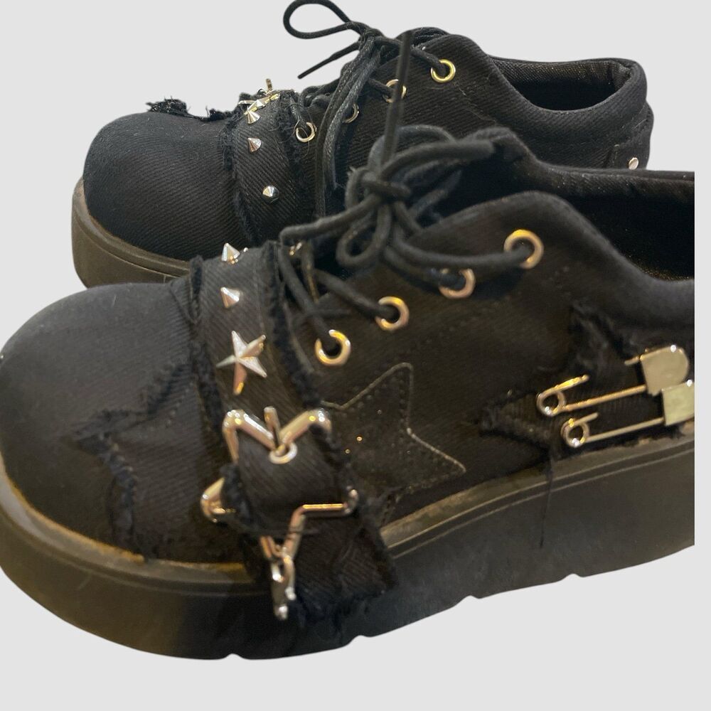 Y2K Star Print Chunky Platform Ankle Women Metal Chain Black Denim Shoes 6.5W 37 - Picture 7 of 9